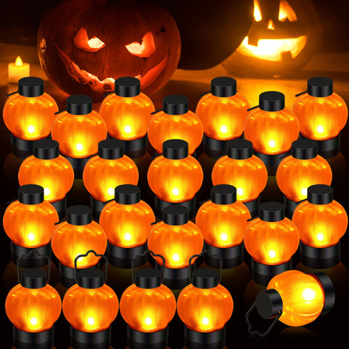 24 Pcs Halloween Pumpkin Lantern Tea Lights, Jack O Flickering LED Pumpkin Lights Flameless Tealight Candles Battery Operated for Holidays Christmas Thanksgiving Birthday Outdoor Parties Decorations