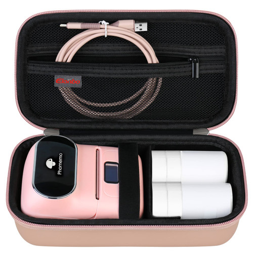 Elonbo Carrying Case for Phomemo M110 Label Makers/Phomemo M120 Label Maker, Portable Bluetooth Thermal Barcode Label Printer Machine Storage Holder Bag, Mesh Pocket Fits Labels Tape Cable.Rose Gold