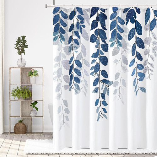 Gibelle Navy Blue Eucalyptus Shower Curtain for Bathroom, Watercolor Leaves on The Top Plant Shower Curtain Floral Botanical Decorative Fabric Shower Curtain Set with Hooks 72x72 Inch Gibelle Navy Blue Eucalyptus Shower Curtain for Bathroom, Watercolor Leaves on The Top Plant Shower Curtain Floral Botanical Decorative Fabric Shower Curtain Set with Hooks 72x72 Inch