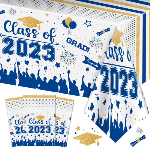 Graduation Decorations Class of 2023 Tablecloth - 3 Pcs Plastic Congrats Grad Table Cloth, Graduation Table Cover for Graduation Party Decorations 2023 and Party Supplies, 54"x108" (Blue and Gold)