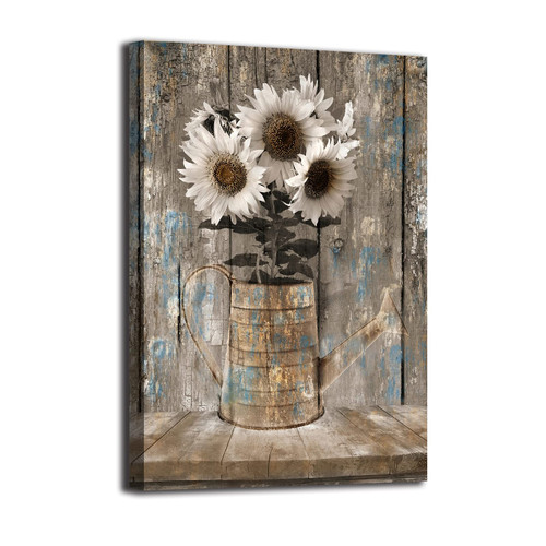 Farmhouse Sunflower Wall Art ? Sunflowers Painting Country White Canvas Wall Art Prints Wood Board Artwork Picture Canvas Painting Home Decor For Bedroom Living Room 16X24 inch Frameless