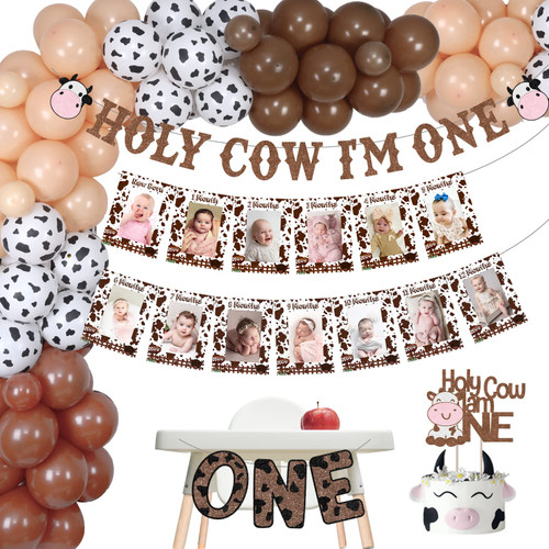 Cow 1st Birthday Decorations - Holy Cow Im One Birthday Decorations Cow Balloon Garland Kit, Cow Photo Banner 12 Month Holy Cow Im One Glitter Banner Cake Topper for Cow Theme Birthday Party