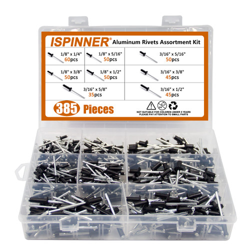 ISPINNER 385pcs 8 Sizes Aluminum Blind Rivets, Pop Rivets Assortment Kit (Black)