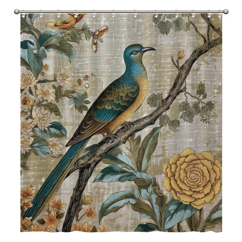 72x80 Inch Shower Curtains Yellow Grey Chinoiserie Floral and Bird Waterproof Fabric Shower Curtain Polyester Fabric with Hooks, Bathroom Curtain Decor, Shower Curtain Sets Machine Washable