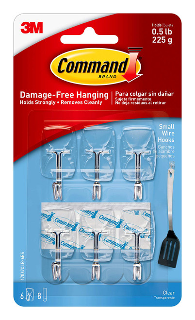 3M Command Utensil Hooks, Clear, 0.5 lb Capacity, Pack of 6 3M Command Utensil Hooks, Clear, 0.5 lb Capacity, Pack of 6