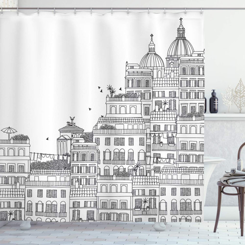 Ambesonne European Shower Curtain, Hand Drawn Italian Town Buildings Cityscape Famous Urban Houses Design, Cloth Fabric Bathroom Decor Set with Hooks, 69" W x 70" L, Grey Black Ambesonne European Shower Curtain, Hand Drawn Italian Town Buildings Cityscape Famous Urban Houses Design, Cloth Fabric Bathroom Decor Set with Hooks, 69" W x 70" L, Grey Black