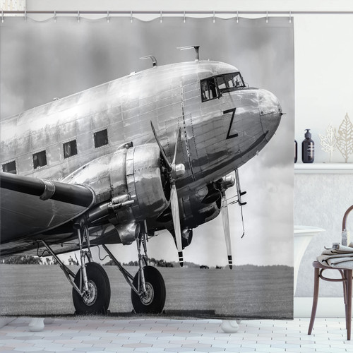 Ambesonne Vintage Airplane Shower Curtain, Old Airliner Cockpit Antique Engine Propellers Wings and Nostalgia Image, Cloth Fabric Bathroom Decor Set with Hooks, 69" W x 75" L, Grey Black