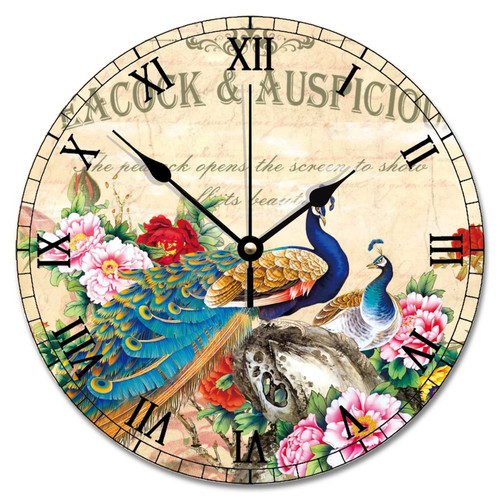 Guangpat Peacock Feather Bird Wall Clock Vintage French Vintage Green Blue Peacock Bird Large Wall Clocks Battery Operated 12 Inch Farmhouse Hanging Clock Wall Decor for Home Kitchen School