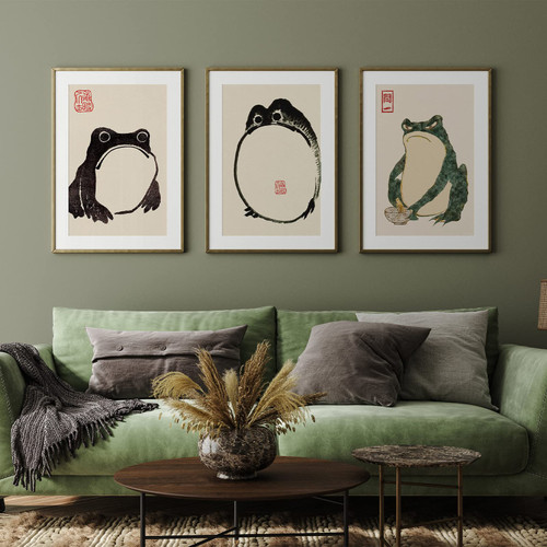 PAINURA Frog Poster Japanese Wall Art Canvas Vintage Room Decor Wabi Sabi Decor Japanese Frog Wall Art Minimalist Decor for Bedroom Decoration Funny Posters Frog Decor (A, 16x24Inchx3 Unframed)