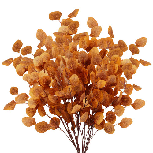 Sggvecsy 6 Pcs Fall Eucalyptus Leaves Artificial Eucalyptus Stems Long Silver Dollar Leaves Autumn Leaf Branches Fake Silk Eucalyptus for Christmas Home Autumn Festival Thanksgiving Decor(Orange)