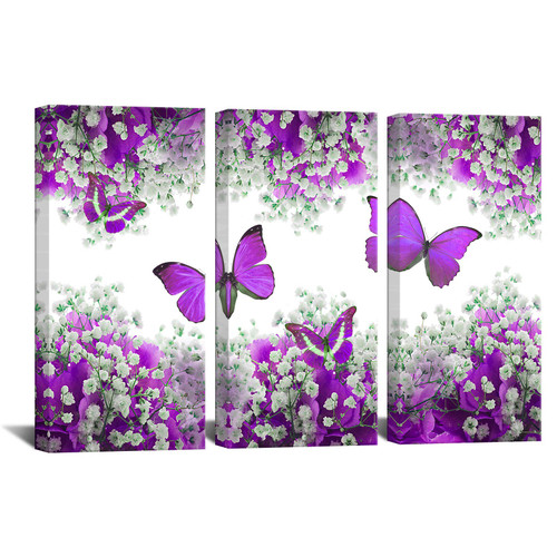 Biuteawal 3 Panel Purple Canvas Print Butterfly Wall Art Romantic Flower Painting on Canvas Contemporary Artwork for Home Kitchen Living Room Bedroom Wall Decor Ready to Hang