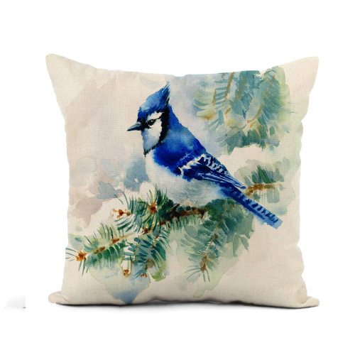 Awowee Flax Throw Pillow Cover Green Painting Watercolor Bird Blue Jay Winter Christmas Snowflakes 18x18 Inches Pillowcase Home Decor Square Cotton Linen Pillow Case Cushion Cover