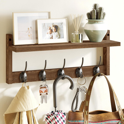 AMBIRD Wall Hooks with Shelf Entryway Wall Hanging Shelf Wood Coat Hooks for Wall with Shelf Wall-Mounted Coat Hook Rack with 5 Dual Hooks for Bathroom, Living Room, Bedroom (retro-17.12inch)