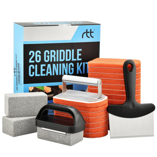 Cleaning Kit for Blackstone Griddle 26 Pieces - Heavy Duty Griddle Cleaner Kit with Grill Stone, Griddle Scraper, & Scouring Pads with Stainless Steel Handle - Easy to Use Flat Top Cleaning Tool Kit