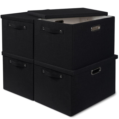 4x39L Large Black Storage Bins with Lids - Foldable Closet Storage Bins for Clothes Decorative Storage Bins Fabric Linen Storage Organizer Bins Toy Storage Boxes with Lids for Nursery Playroom Office Home