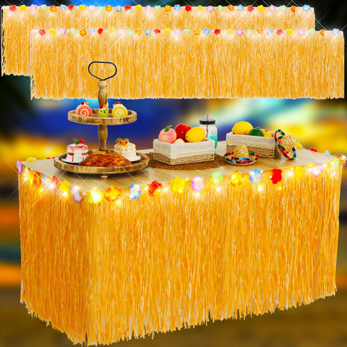 2 Pcs 9 Feet Grass Table Skirt Hawaiian Table Skirt with 4 Meter Led String Light Luau Table Skirt Hawaii Grass Table Skirt Raffia Style Fringe for Tropical Hawaii Themed Birthday Party (Straw Color)
