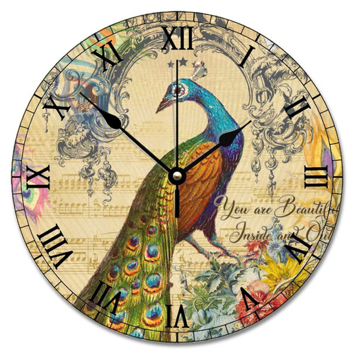 Guangpat Peacock Feather Bird Wall Clock Vintage Rustic Beautiful Blue Peacock Feather Wooden Wall Clocks Battery Operated 10 Inch Farmhouse Hanging Clock Wall Decor for Home Kitchen School