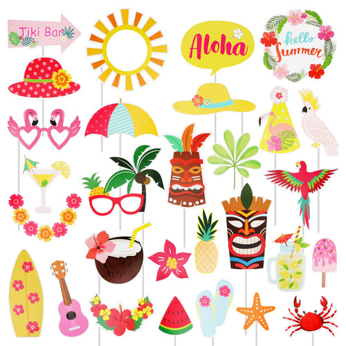 PHOGARY Luau Party Decorations Luau Photo Booth Props Kit, 30PCS Hawaiian Themed Party Decorations Tropical Tiki Party Favors for Hawaiian Luau Summer Pool Beach Birthday Wedding Party Supplies