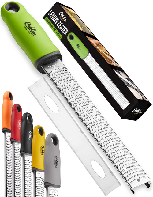 Orblue Lemon Zester & Cheese Grater - Premium Citrus Zester, Kitchen Grater for Parmesan, Chocolate, Fruits, Vegetables, Ginger, Garlic, Nutmeg - Stainless Steel Blades with Protective Cover, Green