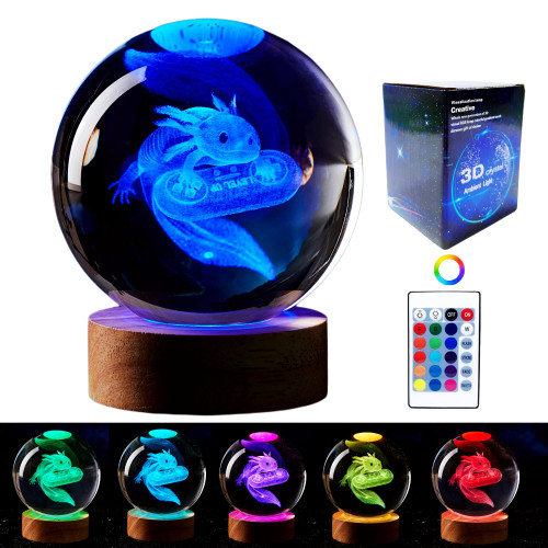 3D Axolotl lamp, Axolotl Crystal Ball Night Light,3.15 in k9 Crystal Ball Lamp with Wood Base,Gamepad Axolotl Glass Ball lamp,16 Color Change,Remote Control,Color Box Axolotl Gift