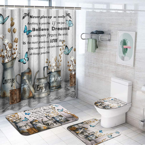 Ikfashoni 4 Pcs Rustic Farmhouse Shower Curtain Sets with Rugs, Blue Butterfly White Cotton Flower Shower Curtain with 12 Hooks, Country Floral Inspirational Quotes Shower Curtains for Bathroom Ikfashoni 4 Pcs Rustic Farmhouse Shower Curtain Sets with Rugs, Blue Butterfly White Cotton Flower Shower Curtain with 12 Hooks, Country Floral Inspirational Quotes Shower Curtains for Bathroom