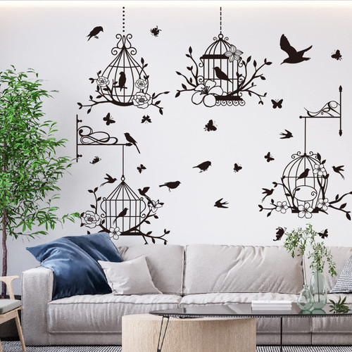 Art Flower Bird Cage Wall Decals DIY Peel and Stick Butterfly Seagull Wall Stickers Removable Home Decor Decal for Kid Nursery Living Room Bedroom