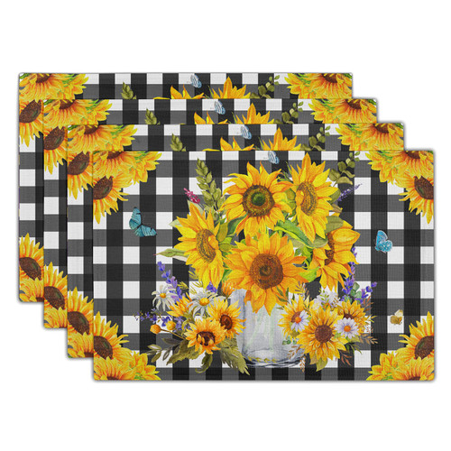 Sunflower Linen Placemats Set of 4 Black and White Checked Plaid Summer Floral Non Slip Heat-Resistant Washable Table Place Mats Tablemats for Kitchen Dining Table Home Decoration 12" x 18"