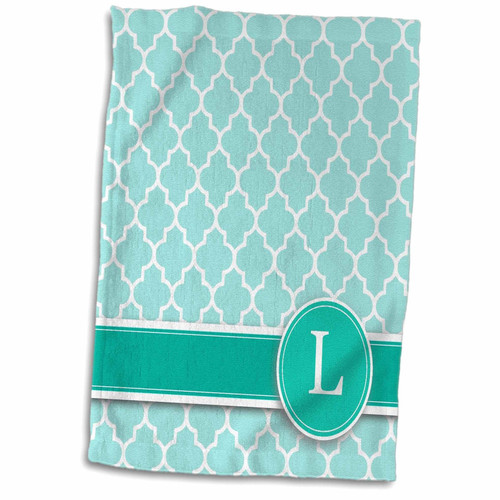 3D Rose Letter L Aqua Blue Quatrefoil Pattern Teal Turquoise Mint Monogrammed Personal Initial Towel, 15" x 22", Multicolor