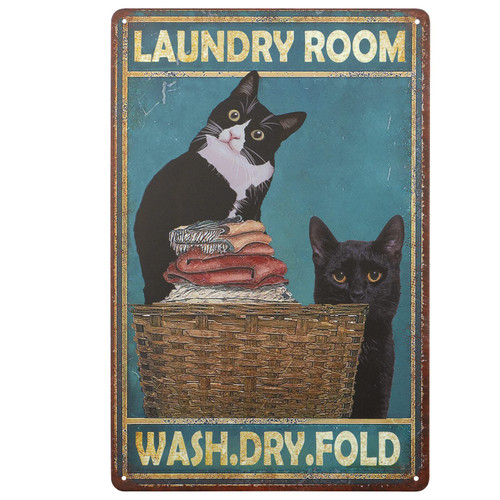 Black Cat Vintage Metal Tin Sign Laundry Room Wash Dry Fold Funny Black Cat Washroom Decor Home Wall Decor 8X12 Inches