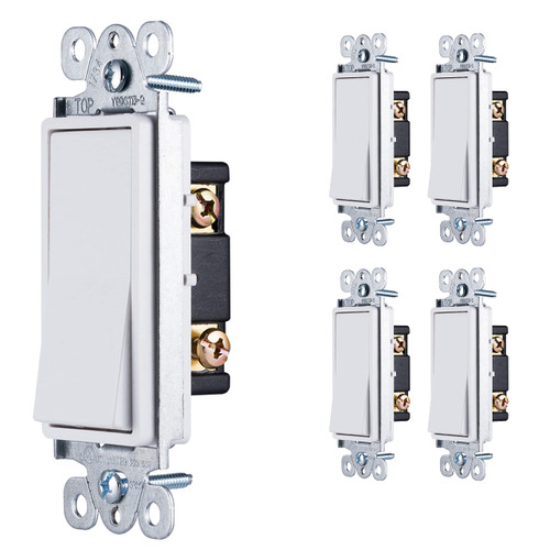 GE Paddle Rocker Light Switch Single Pole Switch On Off, 5 Pack Rocker Switch, Replacement for Electrical Light Switches & Ceiling Fan Switch, Grounding Single Pole Light Switch UL Listed White 44017