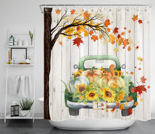LB Fall Thanksgiving Shower Curtain for Bathroom, Autumn Maple Leaves Farm Truck Fall Harvest Pumpkin Sunflowers Rustic Wood Boards Fabric Bathroom Decor Set with Shower Curtain Hooks, 72x72 Inches