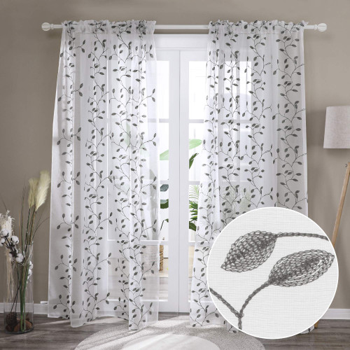 Deconovo Rod Pocket White and Grey Sheer Curtains, Semi Transparent Sheer Drapes with Leaf Decorated, Rod Pocket Long Voile for Sliding Glass Door, 2 Panels, 52x108 Inch