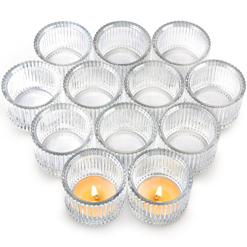 Wanchao 12Pcs Glass Votive Candle Holders for Wedding Decor, Clear Tea Lights Candle Holder for Table Centerpiece Decorations, Ribbed Votive Candle Holders Bulk for Home Decor (2.1'' x 1.4'' Clear)