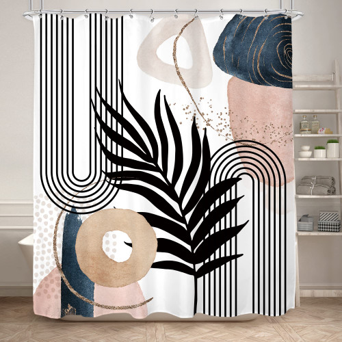 KOMLLEX Boho Mid Century Abstract Shower Curtain for Bathroom Decor 60Wx72H Inches Minimalist Aesthetic Modern Pink Blue Leaves Geometric Arch Rainbow Fabric Waterproof Polyester 12 Pack Hooks