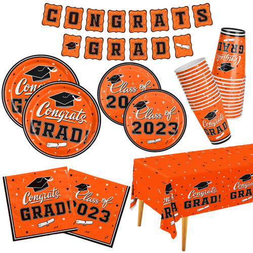 Graduation Party Supplies Gatherfun 2023 Graduation Party Dinnerware Set Orange Disposable Paper Plates Napkins Cups Tablecloth Banner for Congrats Grad Party Decorations, Serve 25