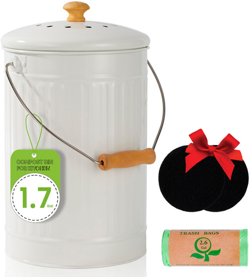 TreaHome Compost Bin, 1.7 Gallon Kitchen Compost Bin, Indoor Countertop Compost Bin, White Countertop Compost Bin with Lid, 100% Rust Proof Compost Bucket with Non-Smell Charcoal Filters (White)