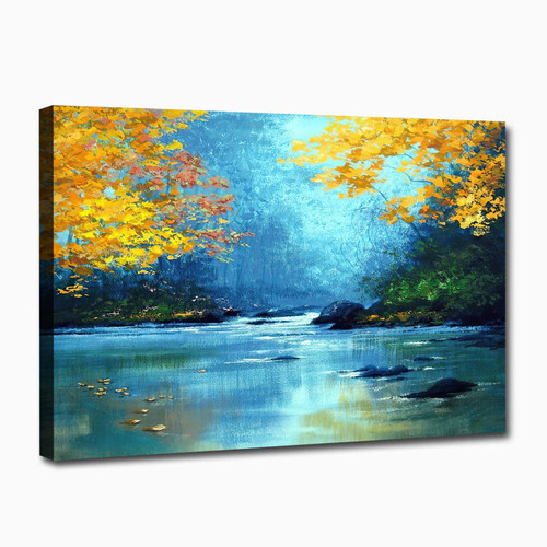 Abstract Landscape Canvas Wall Art Blue Watercolor Poster Autumn Leaf Art Natural Landscape Painting Green Forest Print Modern Landscape Artwork Abstract River Wall Art Forest Art 16x24inch No Frame