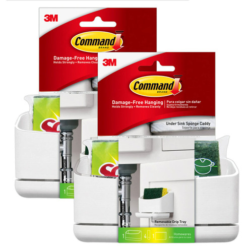 Command Under Sink Sponge Caddy, Total 2 Caddies with 8 Command Strips, 2 Pack of 1 Caddy, Organize Damage-Free