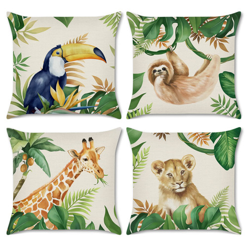 Bonhause Jungle Animals Throw Pillow Covers 18 x 18 Inch Lion Giraffe Sloth Toucan Tropical Outdoor Decorative Pillows Polyester Linen Cushion Cases for Couch Sofa Bed Home Decor Set of 4