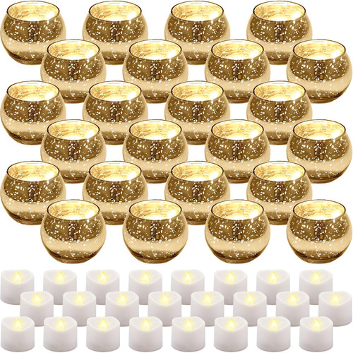 Votive Candle Holders Centerpiece Table Decorations Speckled Mercury Glass Votive Candle Holders with Tea Lights Birthday Party Decorations for Wedding Home (Gold,12 Set)