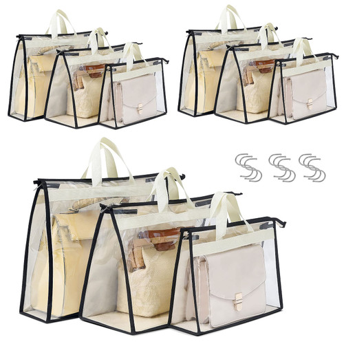 Interesse 9 Pack Dust Bags for Handbags, Clear Handbag and Purse Storage Organizer for Hanging Closet with Zipper, Handles and Hook