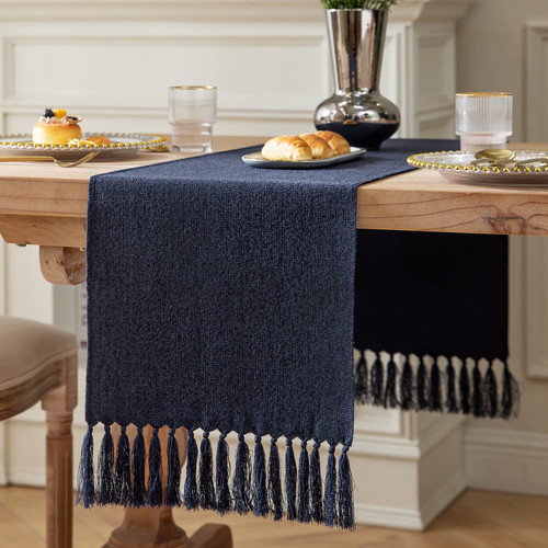 ZeeMart Navy Table Runners 72 Inches Long, Burlap Linen Style Rustic Farmhouse Table Runner, Boho Woven Dining Table Runner, 13x72 Inches, Navy ZeeMart Navy Table Runners 72 Inches Long, Burlap Linen Style Rustic Farmhouse Table Runner, Boho Woven Dining Table Runner, 13x72 Inches, Navy