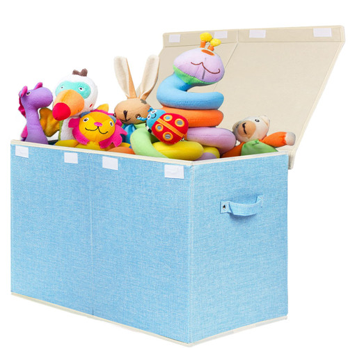 popoly Large Toy Box Chest with Lid, Collapsible Sturdy Toy Bin Storage Organizer Boxes Baskets for Kids, Boys, Girls, Nursery, Playroom, 25"x13" x16" (Linen Blue)