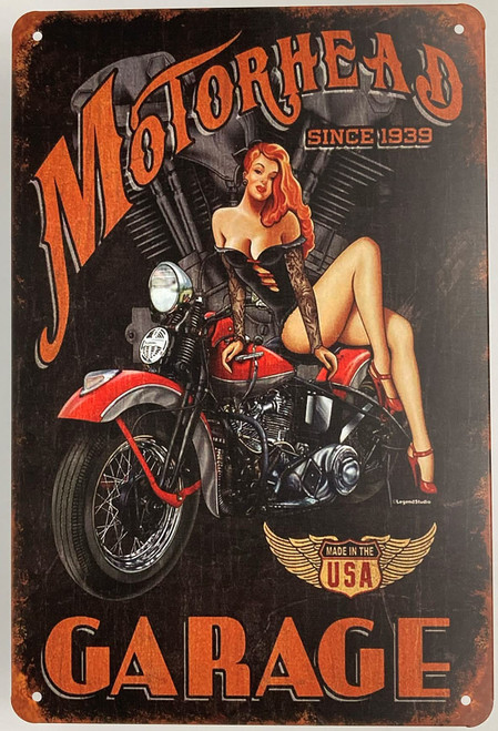 Forever_USA Tin Metal Wall Sign | Motorhead Garage Pin Up Girl on The Bike 8 x 12 in. | Art Poster Plaque for Decoration at Home Bar Room Garage Man Cave | Retro Rusty Design