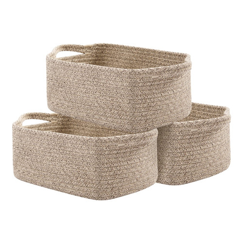 OIAHOMY Cotton Rope Woven Baskets for Storage, Nursery Rectangle Storage Basket with Handles for Shelves, Pack of 3, Brown Variegated