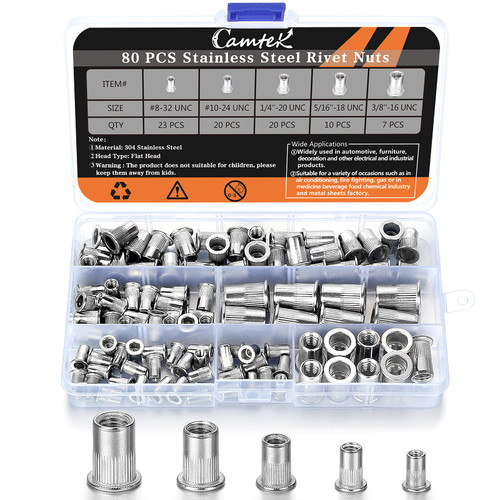 80PCS Stainless Steel Rivet Nut Set, Camtek 304 Stainless Steel Rivet Nut Flat Head Threaded Rivet nut Insert Nutsert Assortment Kit -5 Sizes(8-32 UNC,10-24 UNC,1/4-20 UNC,5/16''-18 UNC,3/8''-16 UNC)