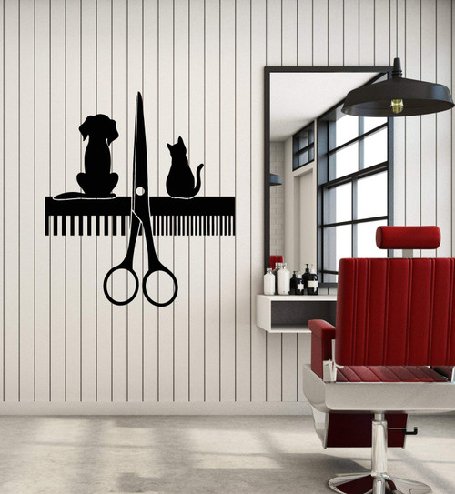 Vinyl Wall Decal Pet Grooming Dog Animals Scissors Styling Salon Stickers Mural Large Decor (g4458) Black