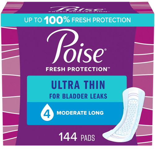 Poise Ultra Thin Incontinence Pads & Postpartum Incontinence Pads, 4 Drop Moderate Absorbency, Long Length, 144 Count, Packaging May Vary