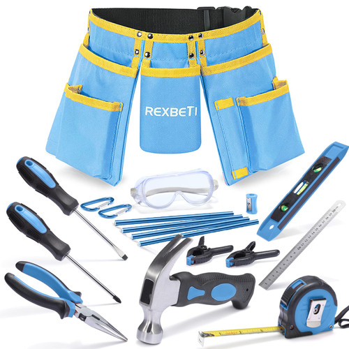 REXBETI 18pcs Blue Young Builder's Tool Set with Real Hand Tools, Reinforced Kids Tool Belt, Waist 20"-32", Kids Learning Tool Kit for Home DIY and Woodworking