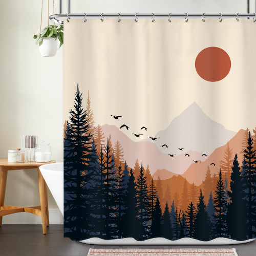 Ufeela Abstract Boho Mid Century Mountain Shower Curtain 60Wx72L Inch Sunset Sun Misty Forest Modern Shower Curtain Bathroom Set Minimalist Terracotta Bath Curtain Bathtub Accessories Home Decor